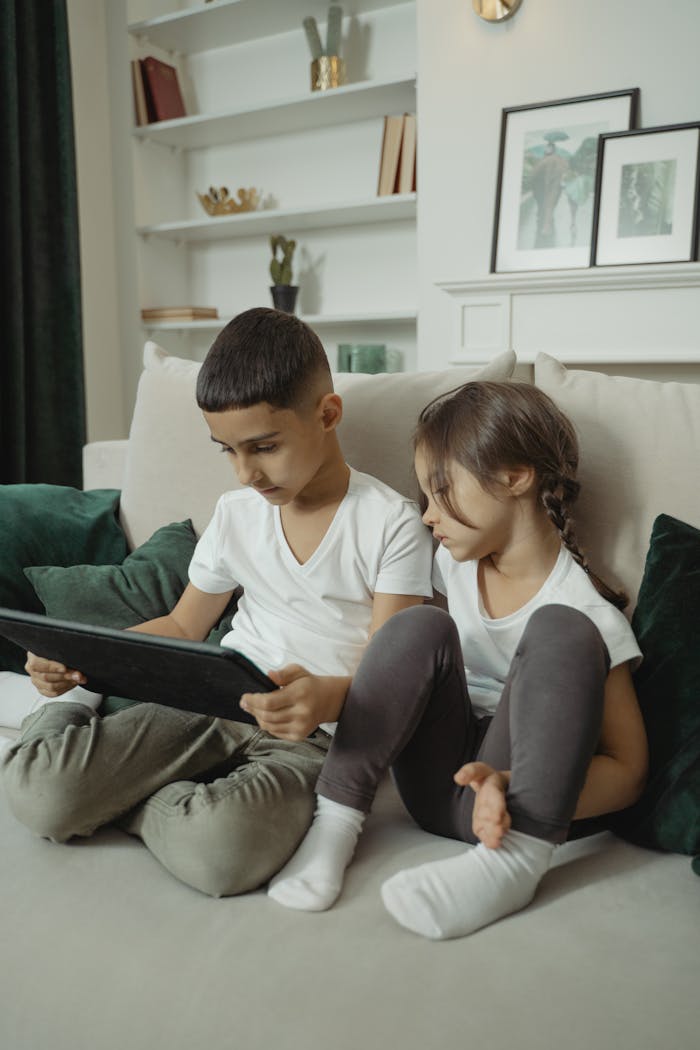 Two young children enjoying a tablet sitting on a sofa in a cozy living room setting.