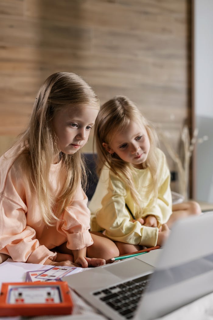 Startseite Two young twin sisters learning online together indoors, seated side by side using a laptop for education.