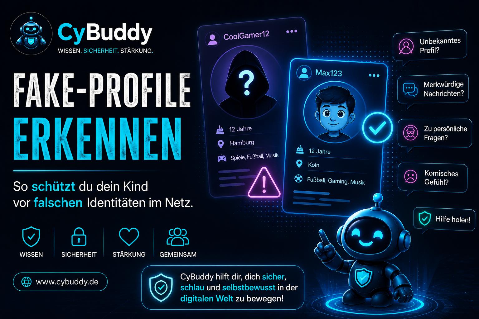 Fake-Profil erkennen, CyBuddy zeigt Kinndern Warnzeichen für falsche Identitäten im Internet.